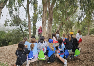 4th graders sit on a bench surrounded by trees as the TreePeople docent explains the day's field trip agenda.