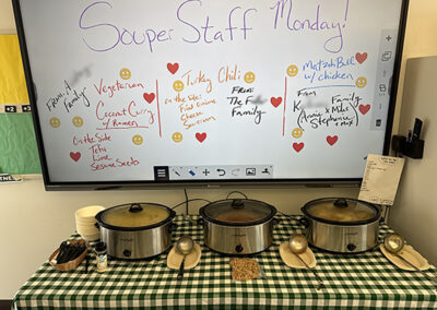 A photo of three soups ready for the faculty to enjoy.